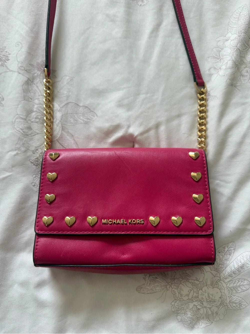 Michael Michael Kors | ruby leather pink clutch crossbody bag gold heart studs